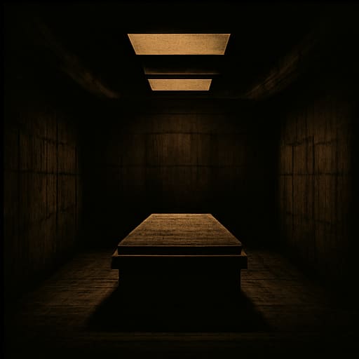 Still frame of an empty lit interior playing on a CRT monitor